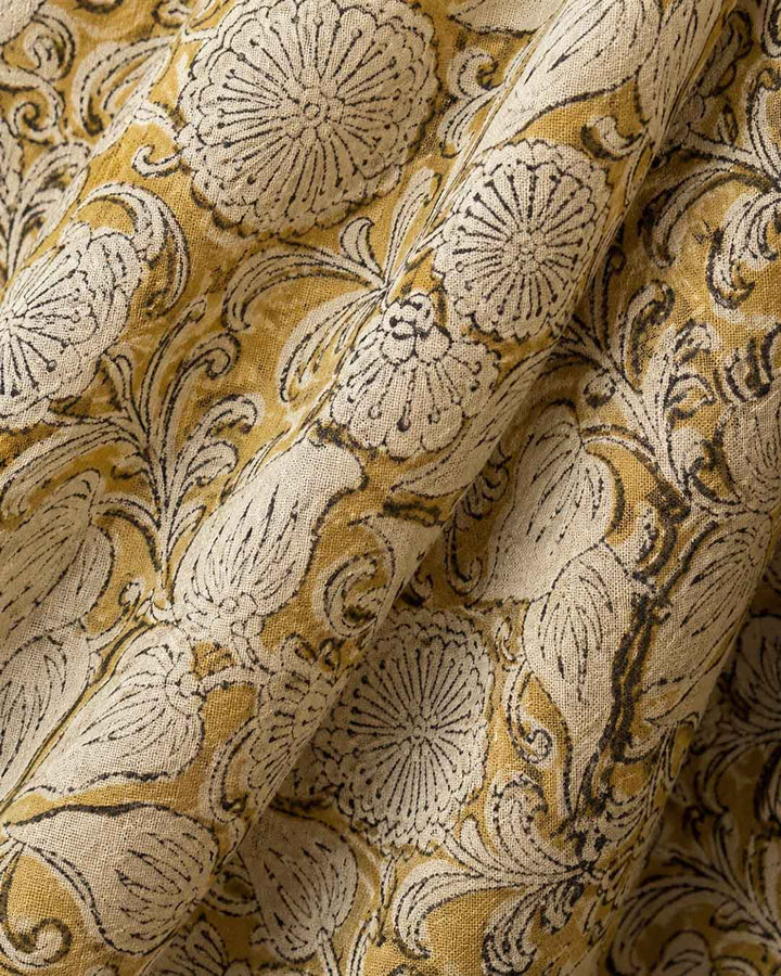 Mustard Yellow And Nude Block Print Saree