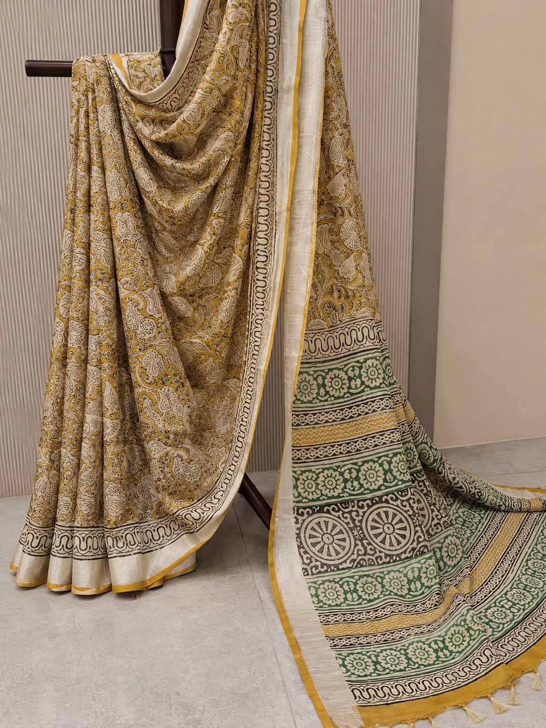 Mustard Yellow And Nude Block Print Saree