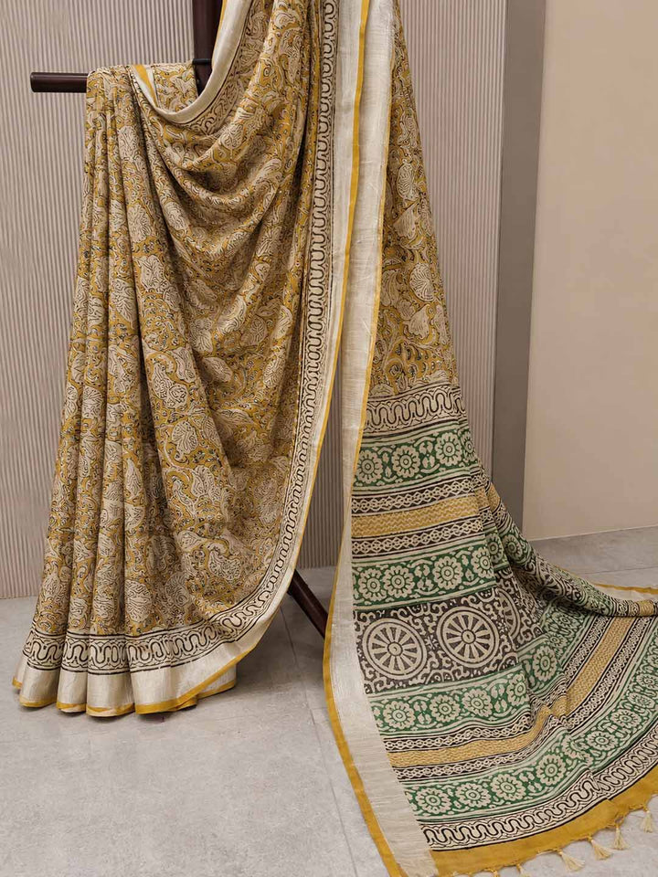 Mustard Yellow And Nude Block Print Saree