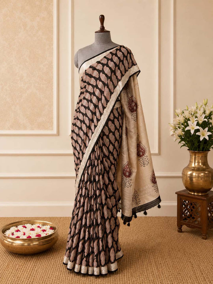 Black and Beige Mango Print Linen Cotton Saree