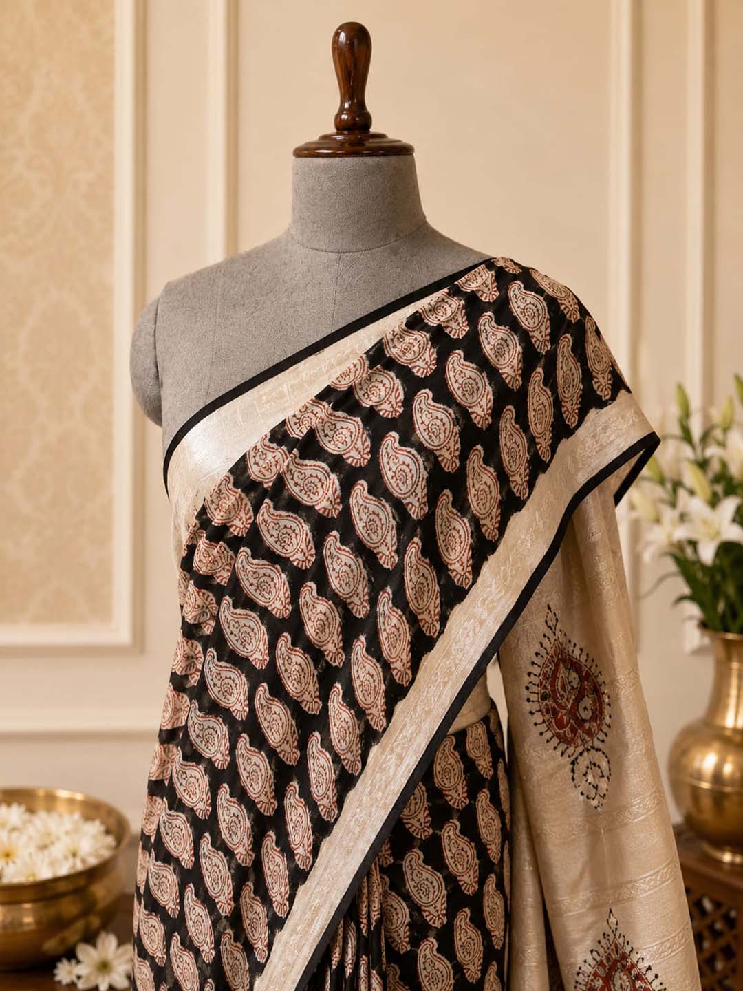 Black and Beige Mango Print Linen Cotton Saree