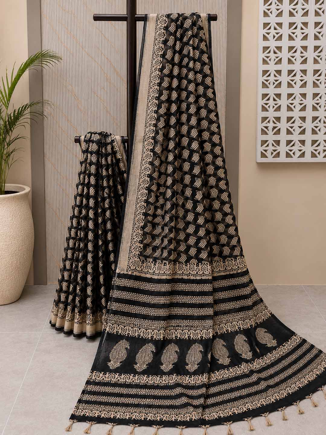 Black And Offwhite Geometric  Linen Cotton Saree