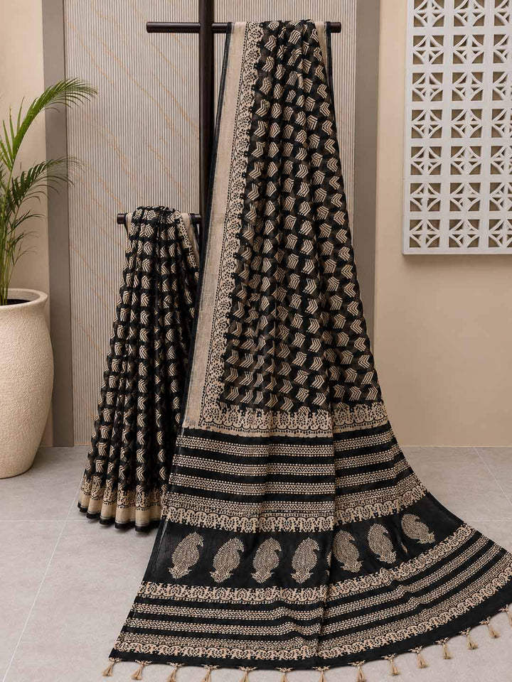 Black And Offwhite Geometric  Linen Cotton Saree
