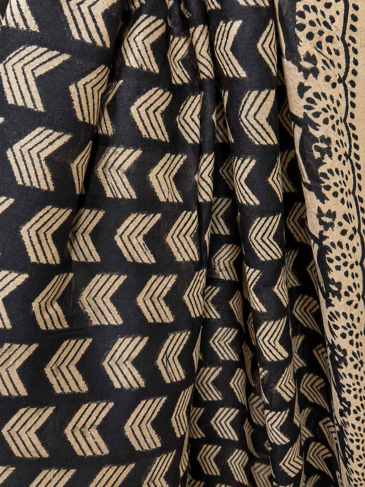 Black And Offwhite Geometric  Linen Cotton Saree