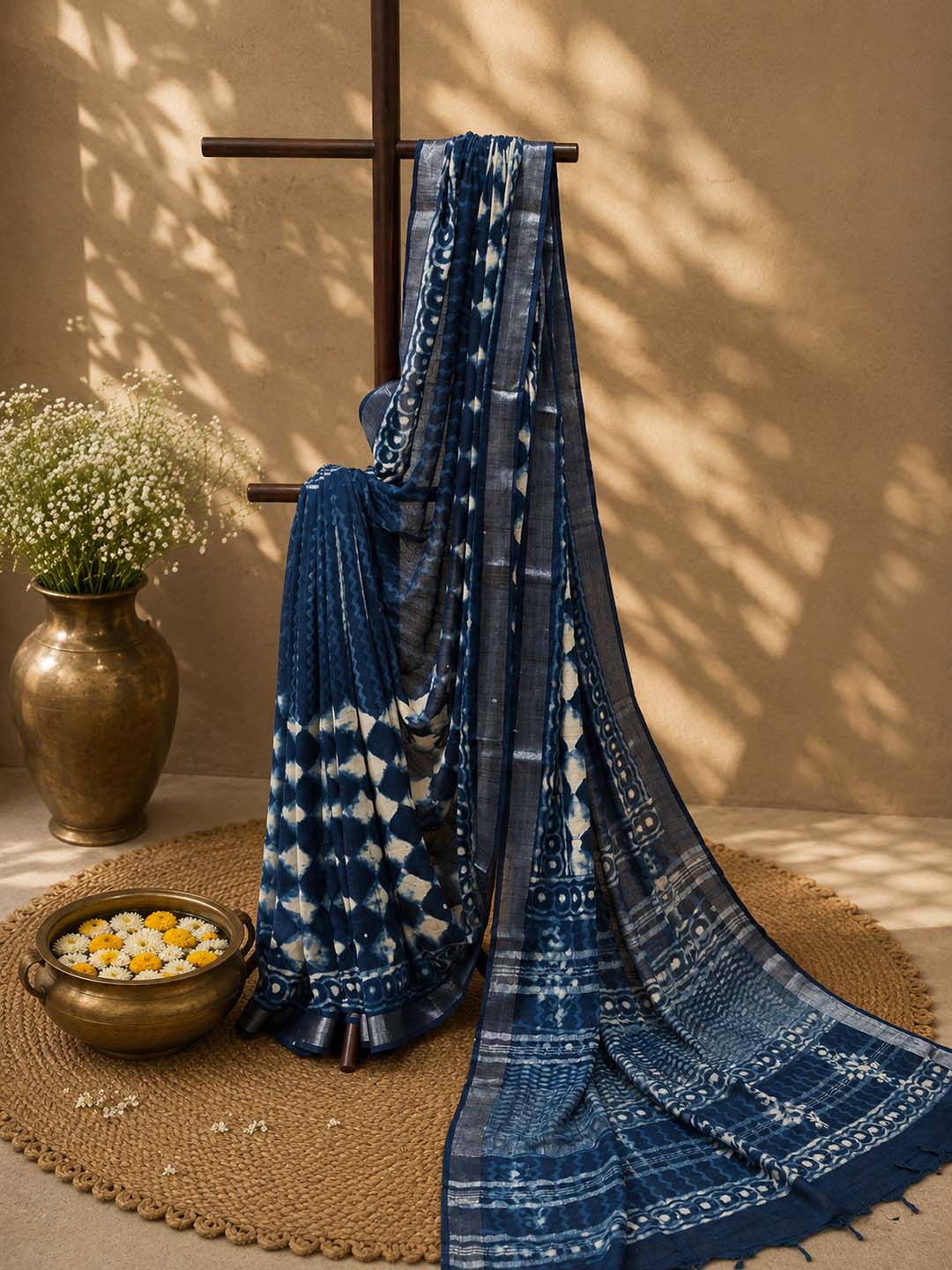 Indigo Tie and Dye Linen Cotton Saree