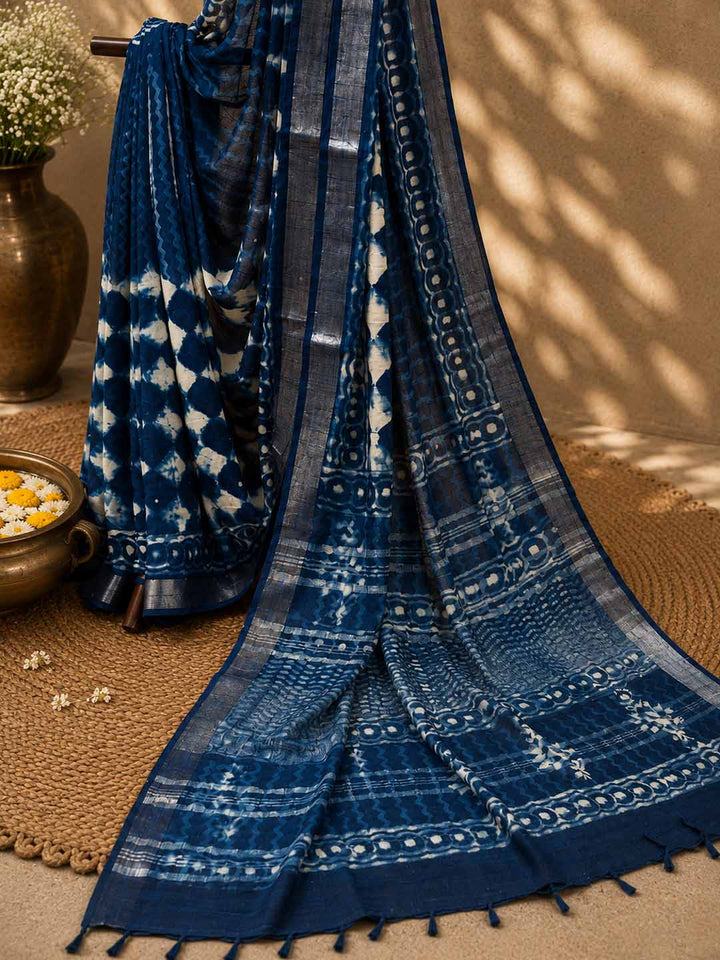 Indigo Tie and Dye Linen Cotton Saree