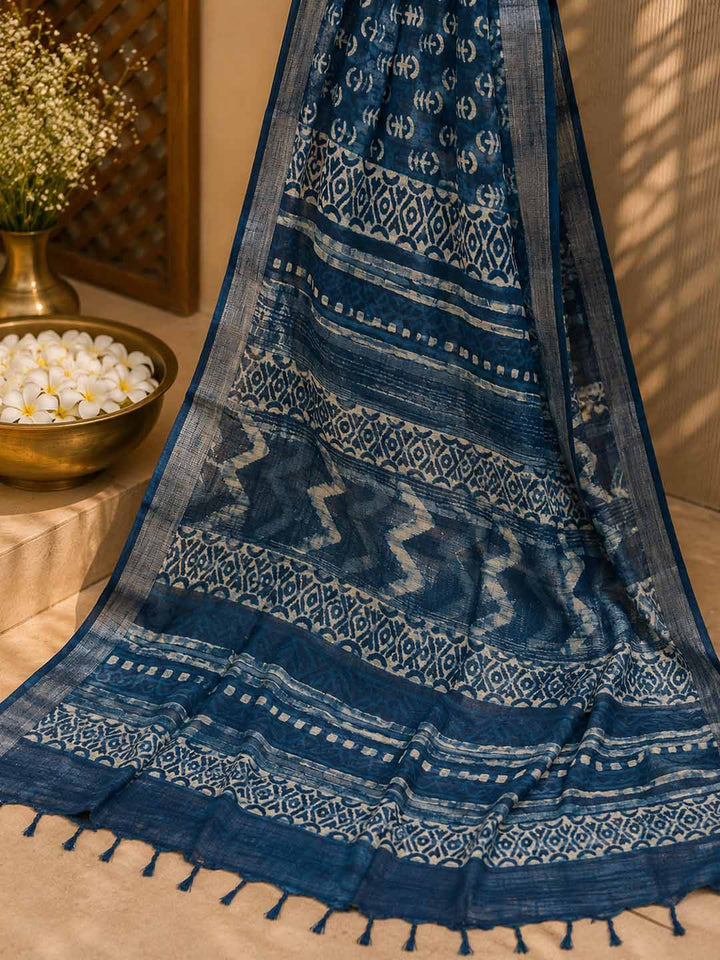 Indigo Block Print Linen Cotton Saree
