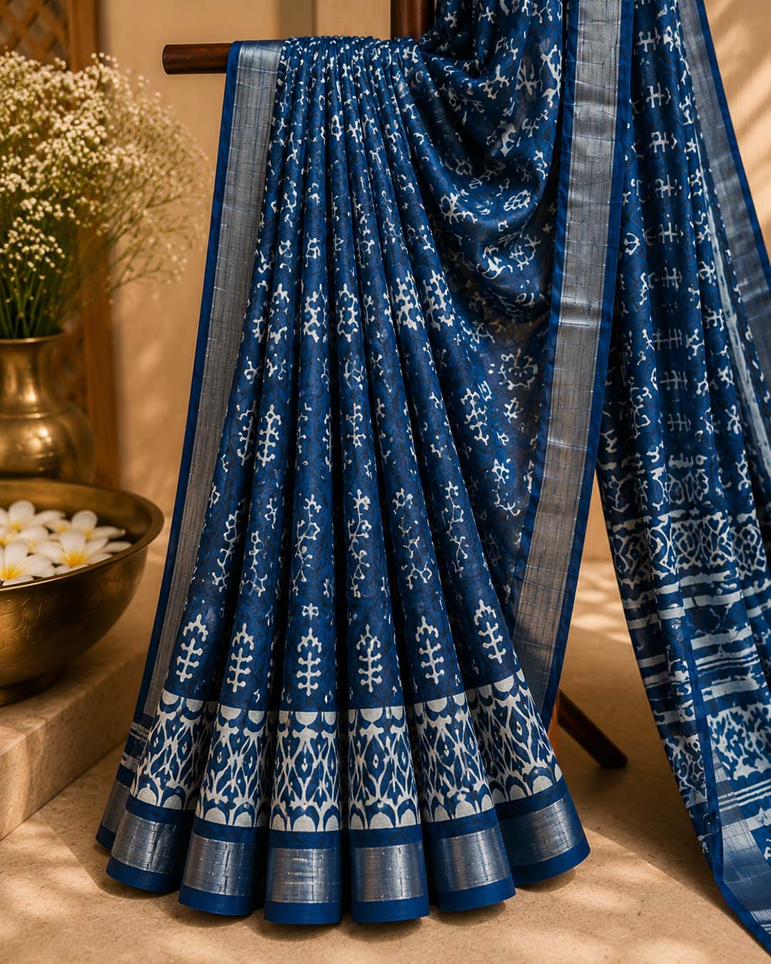 Indigo Block Print Linen Cotton Saree