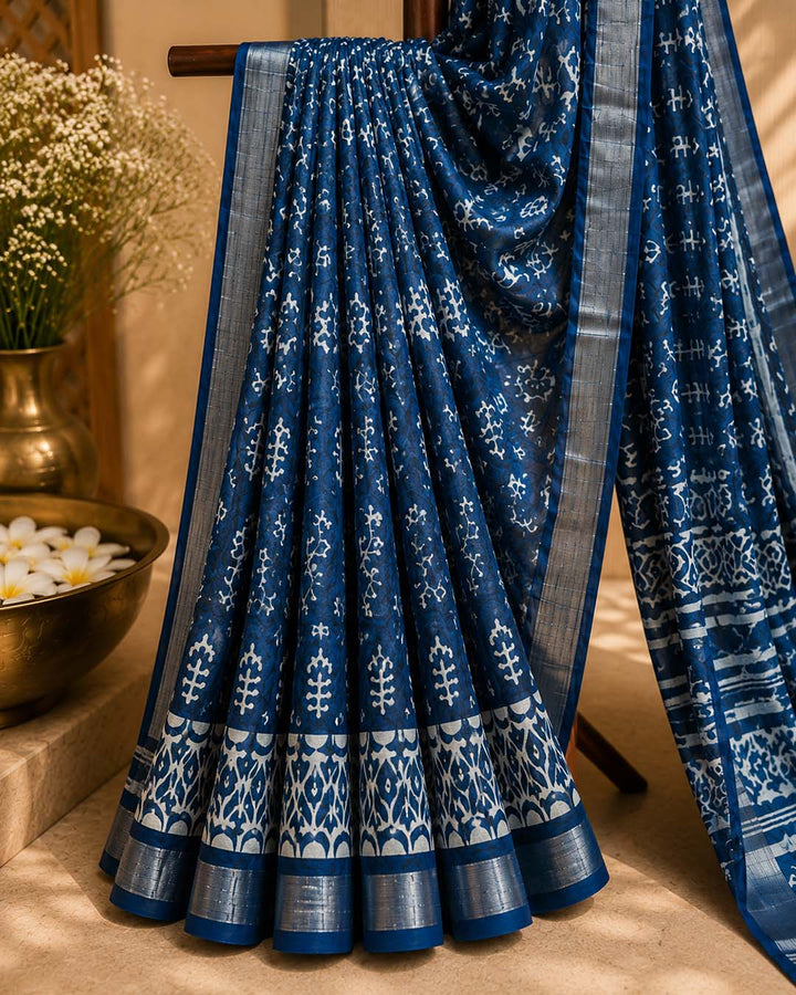 Indigo Block Print Linen Cotton Saree
