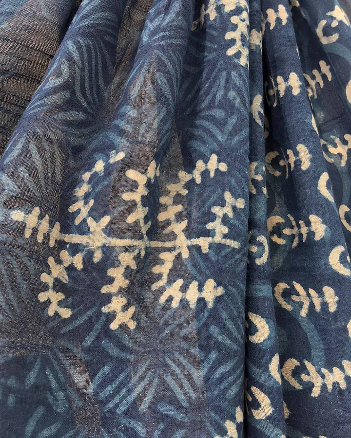 Indigo Block Print Linen Cotton Saree