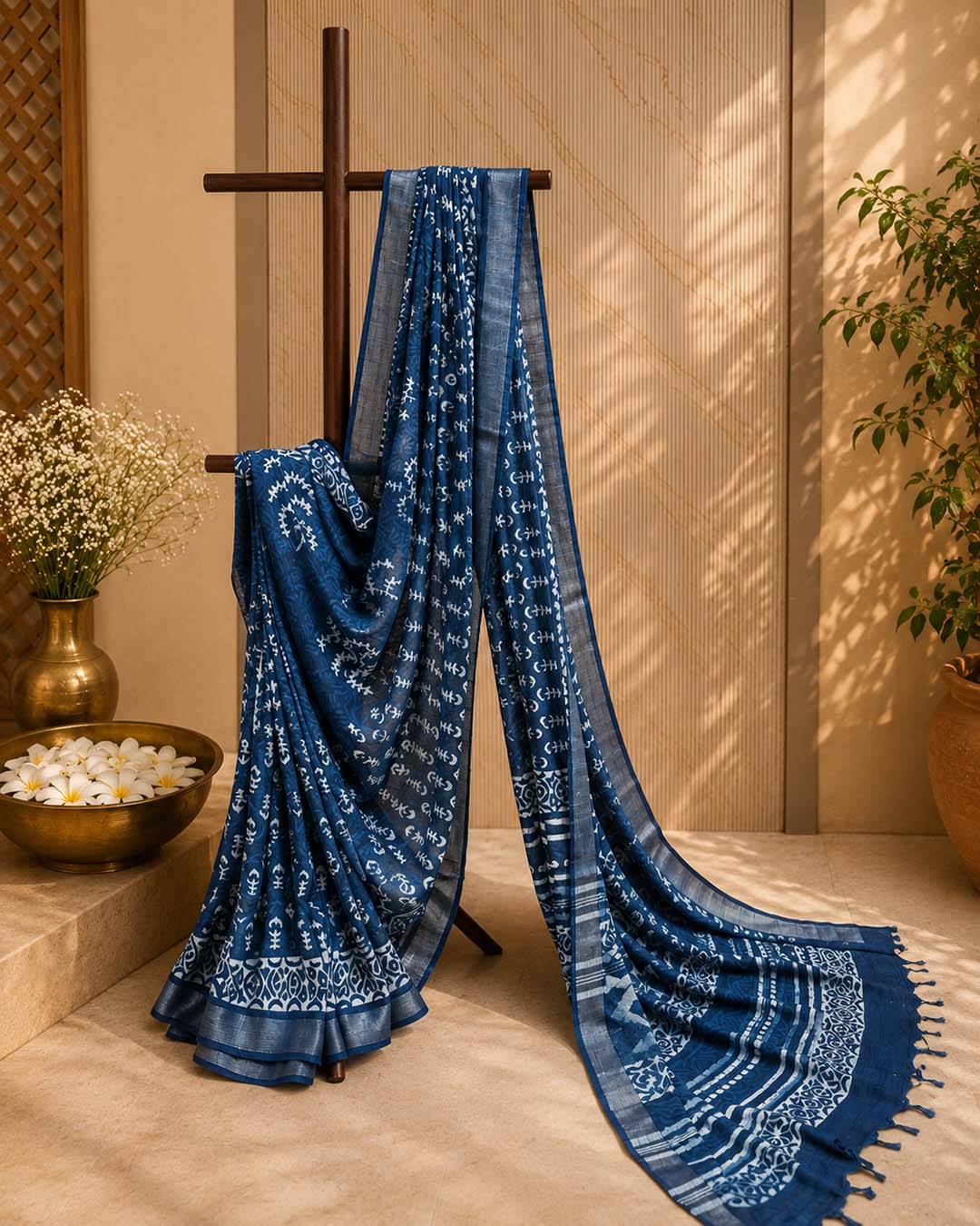 Indigo Block Print Linen Cotton Saree