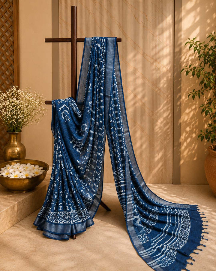 Indigo Block Print Linen Cotton Saree