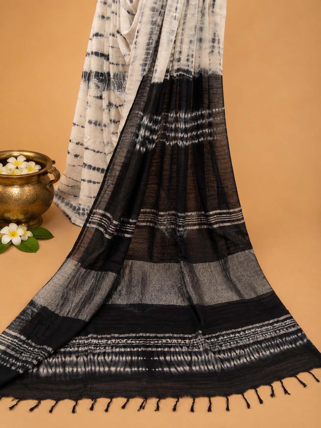 Black and White Tie and Dye Linen Cotton Saree