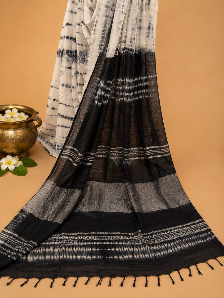 Black and White Tie and Dye Linen Cotton Saree