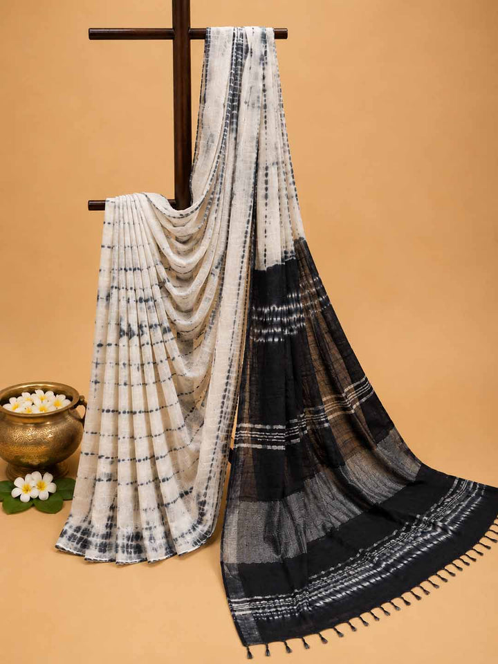 Black and White Tie and Dye Linen Cotton Saree