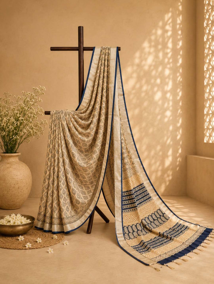 Beige And Black Block Print Linen Cotton Saree