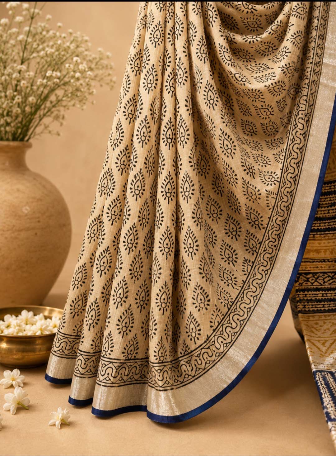 Beige And Black Block Print Linen Cotton Saree