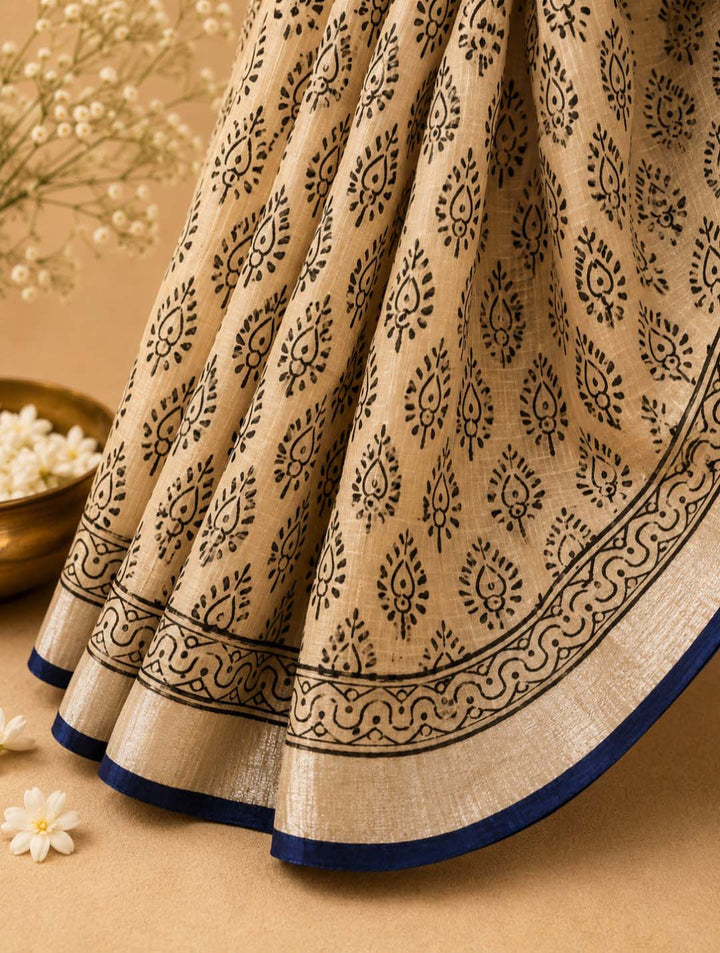 Beige And Black Block Print Linen Cotton Saree