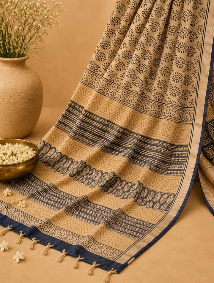 Beige And Black Block Print Linen Cotton Saree