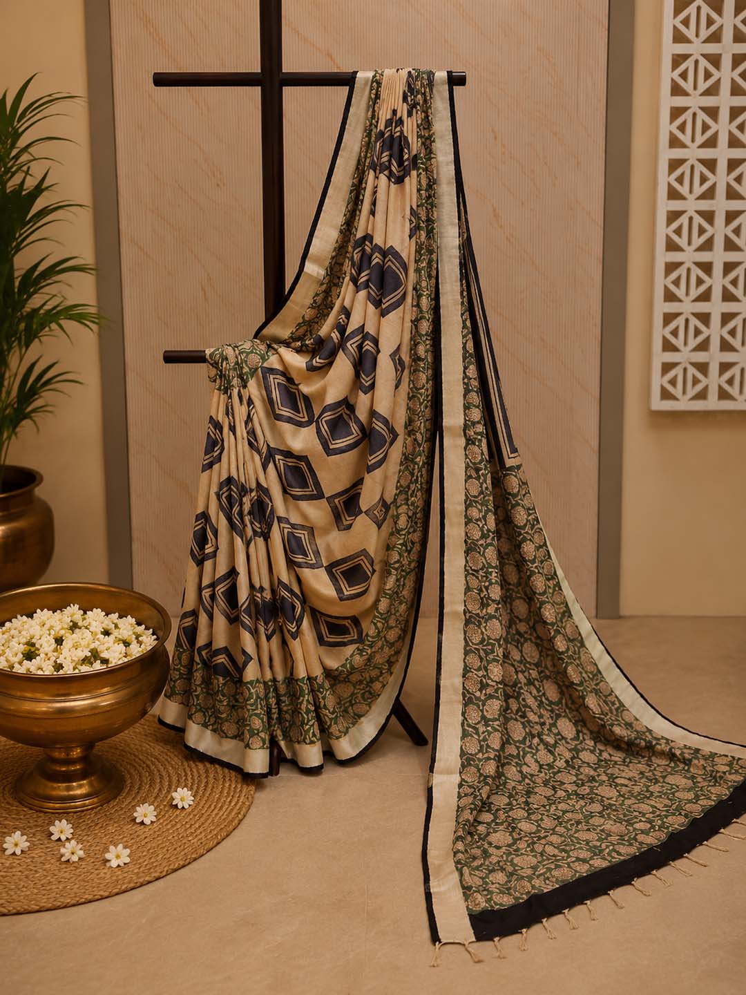 Beige And Blue Black Block Print Linen Cotton Saree