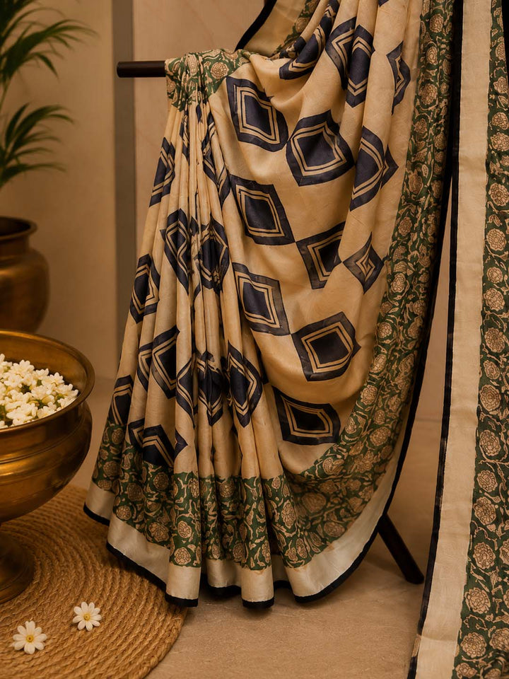 Beige And Blue Black Block Print Linen Cotton Saree
