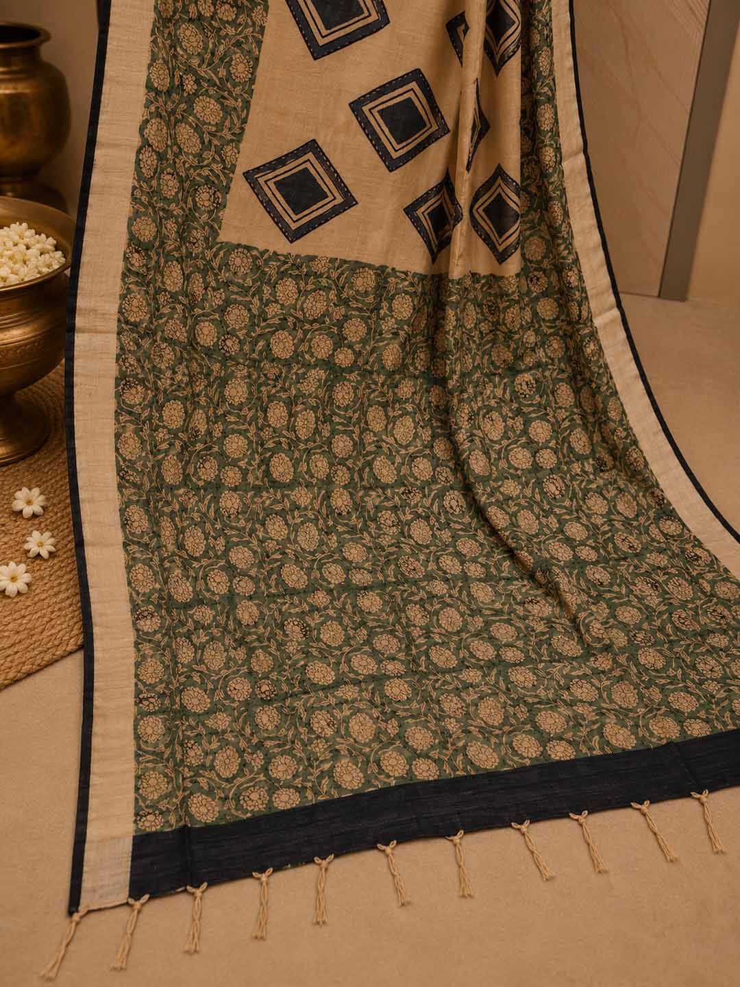 Beige And Blue Black Block Print Linen Cotton Saree