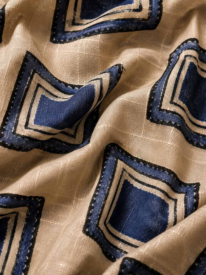 Beige And Blue Black Block Print Linen Cotton Saree