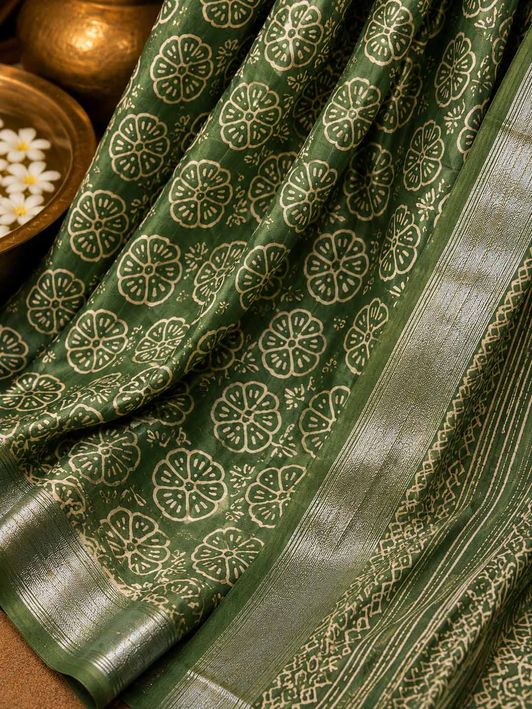 Green And Floral Block Print Linen Cotton Saree