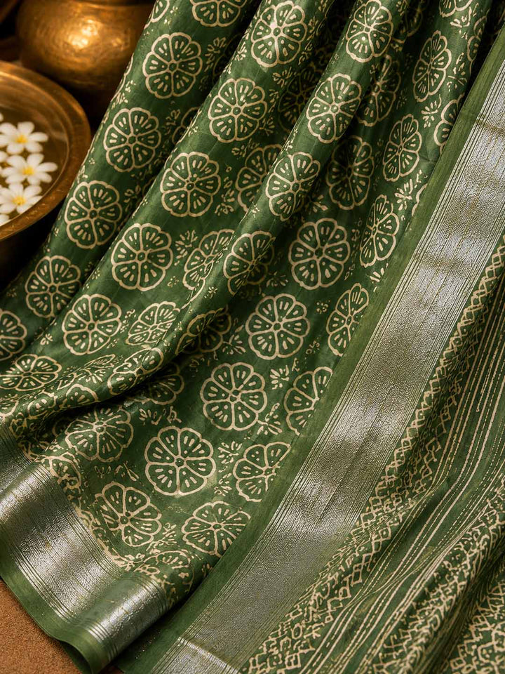 Green And Floral Block Print Linen Cotton Saree