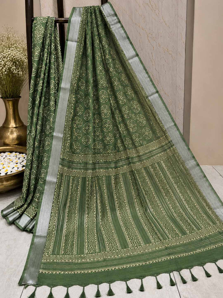 Green And Floral Block Print Linen Cotton Saree