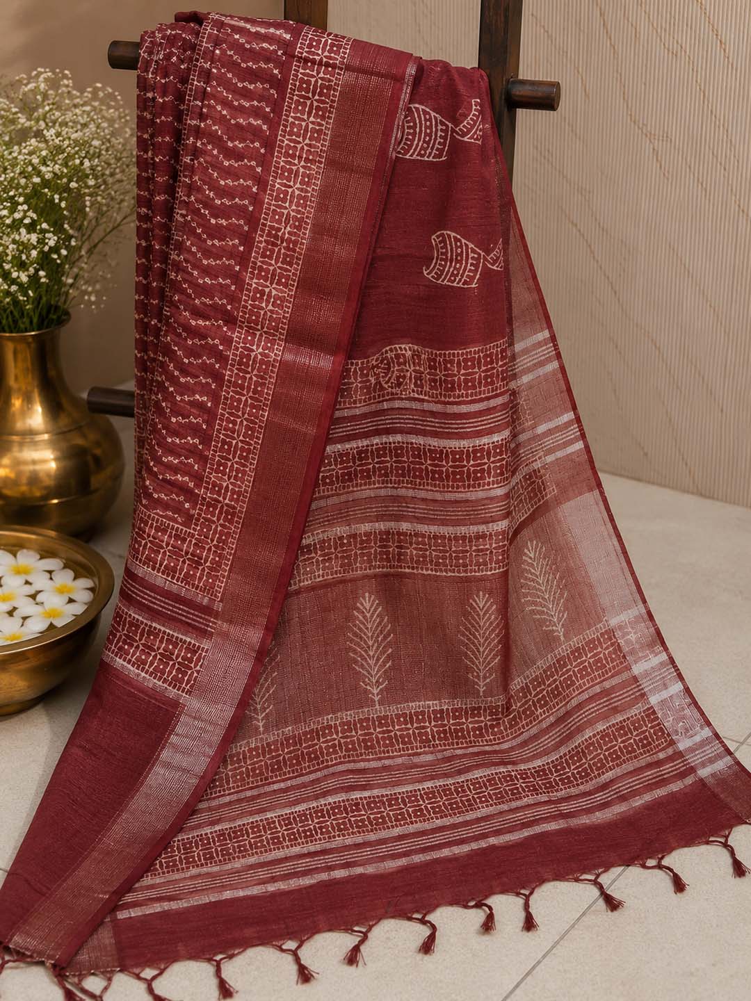 Maroon Block Print Linen Cotton Saree