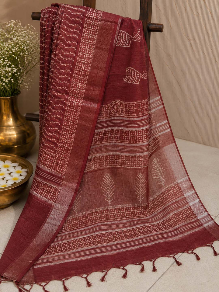 Maroon Block Print Linen Cotton Saree