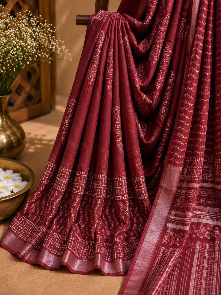 Maroon Block Print Linen Cotton Saree
