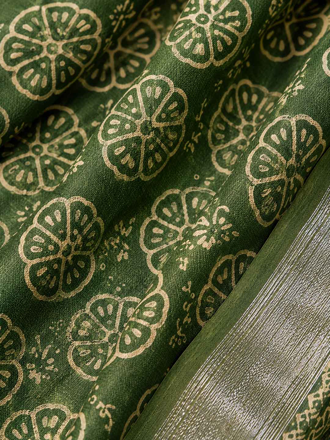 Green And Floral Block Print Linen Cotton Saree