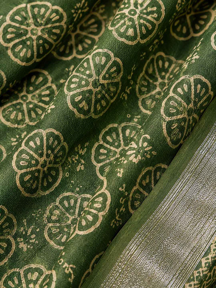 Green And Floral Block Print Linen Cotton Saree