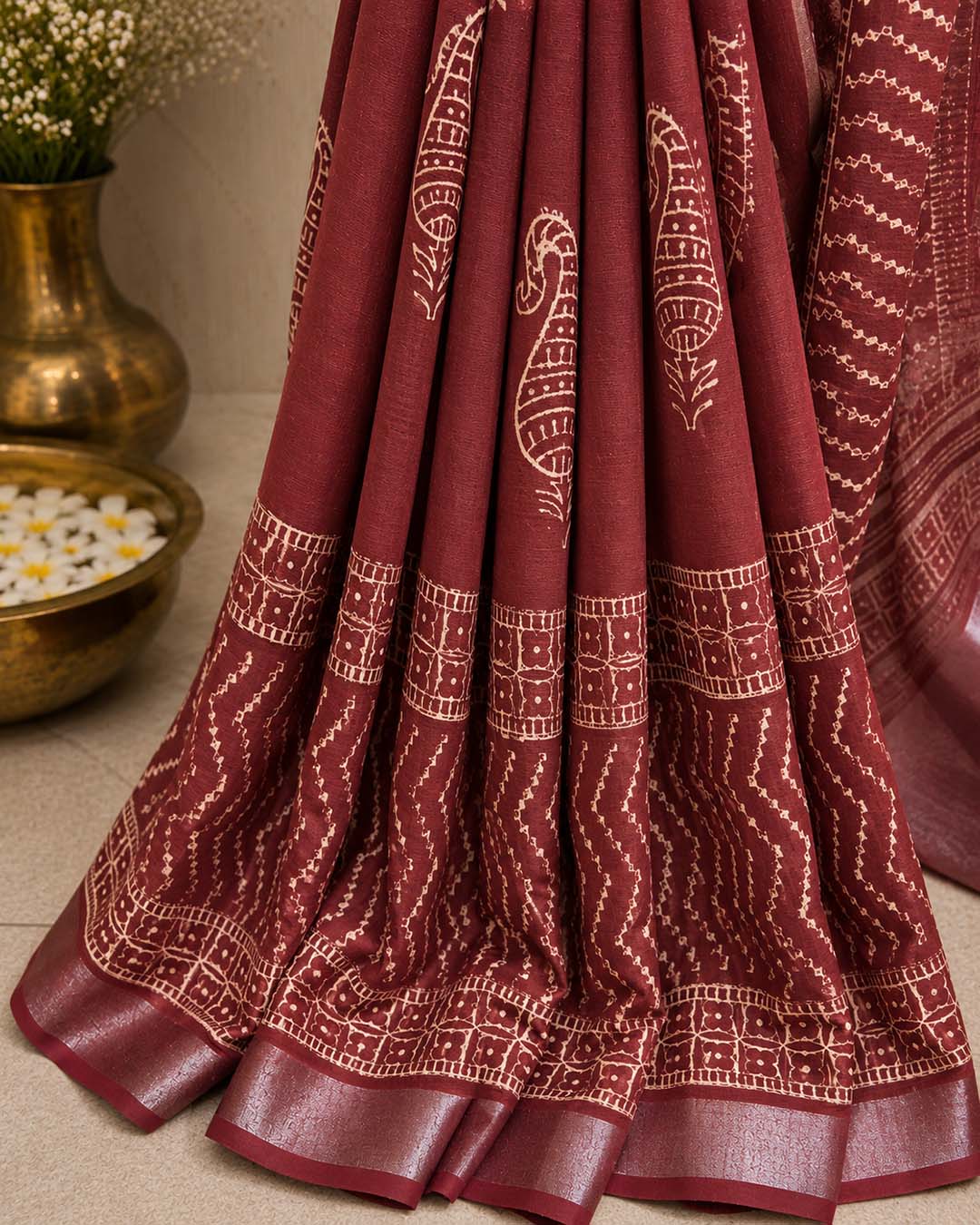 Maroon Block Print Linen Cotton Saree