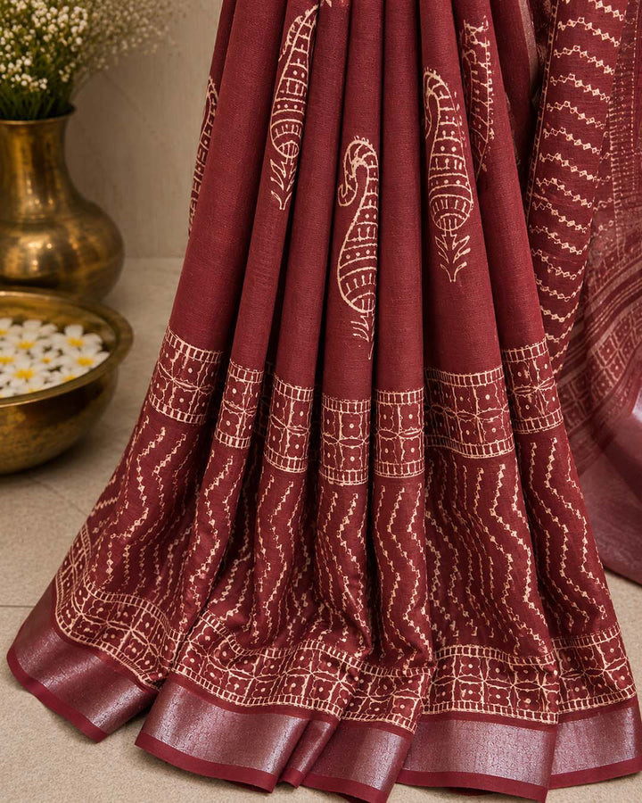 Maroon Block Print Linen Cotton Saree