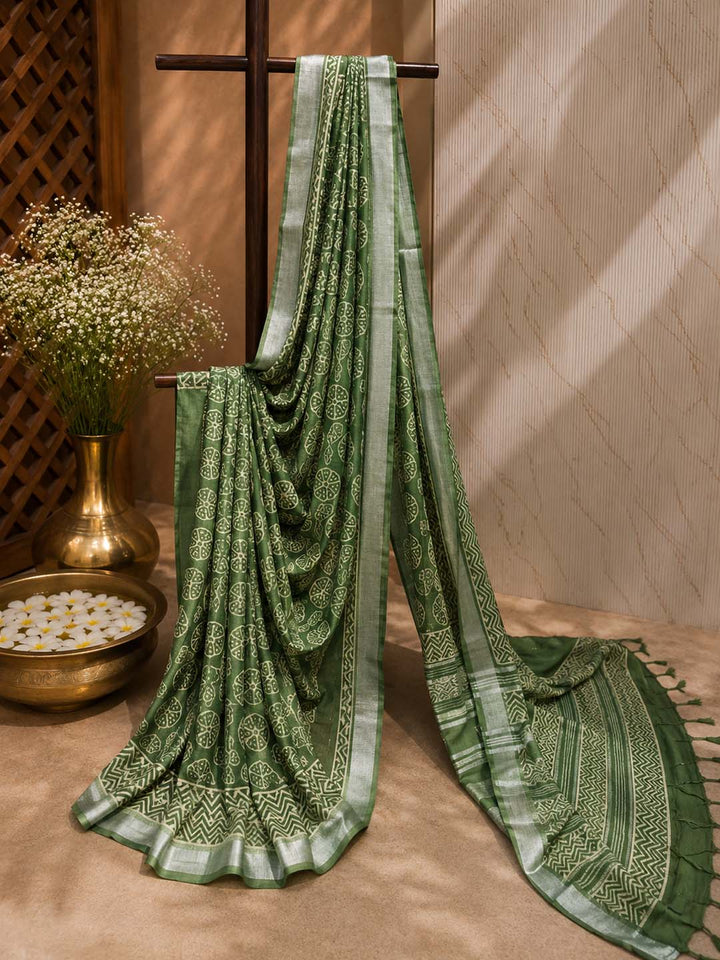 Green And Floral Block Print Linen Cotton Saree