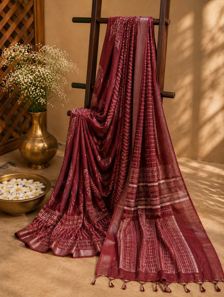 Maroon Block Print Linen Cotton Saree