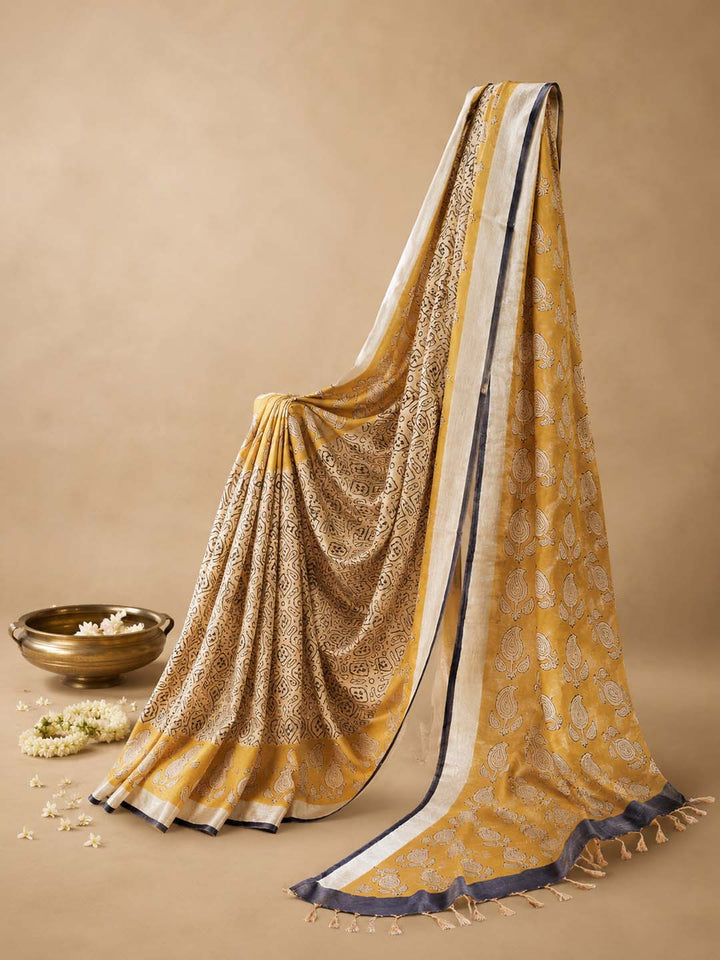 Mustard Yellow Block Print Linen Cotton Saree