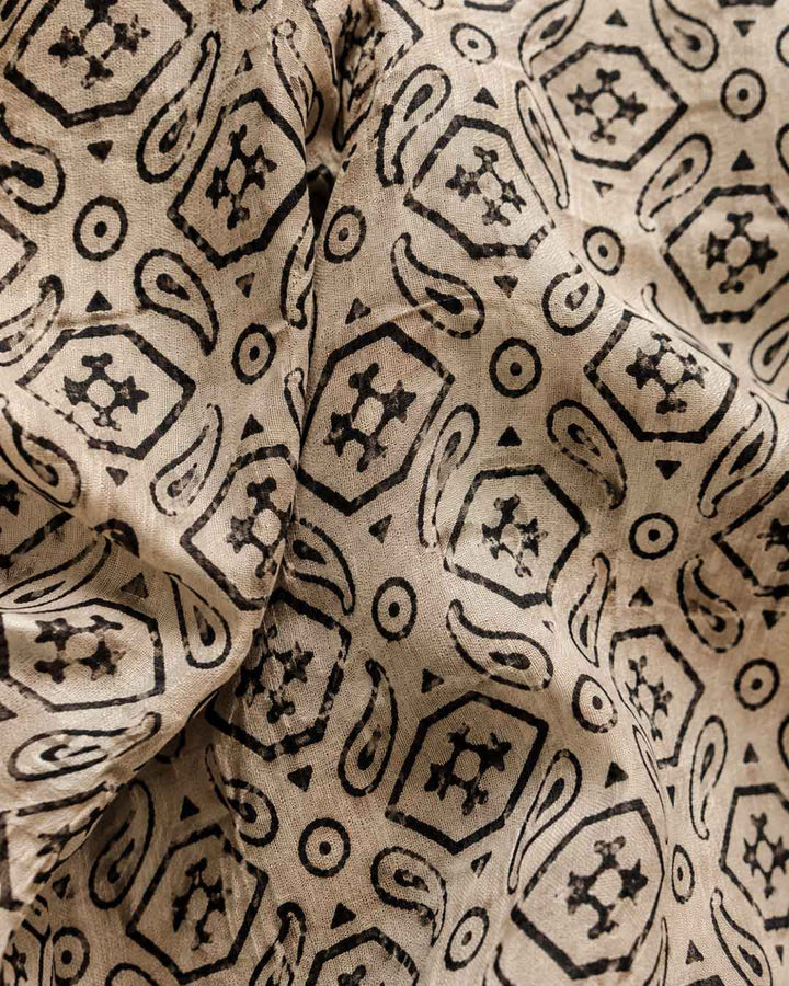 Mustard Yellow Block Print Linen Cotton Saree