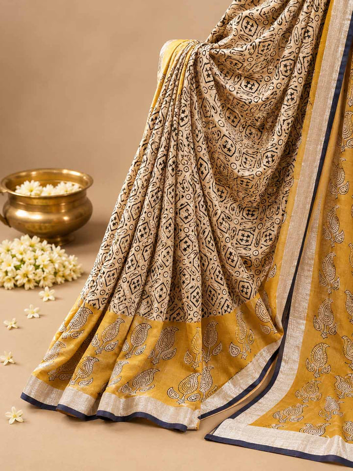 Mustard Yellow Block Print Linen Cotton Saree