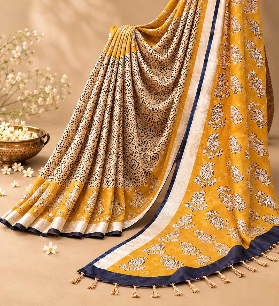 Mustard Yellow Block Print Linen Cotton Saree