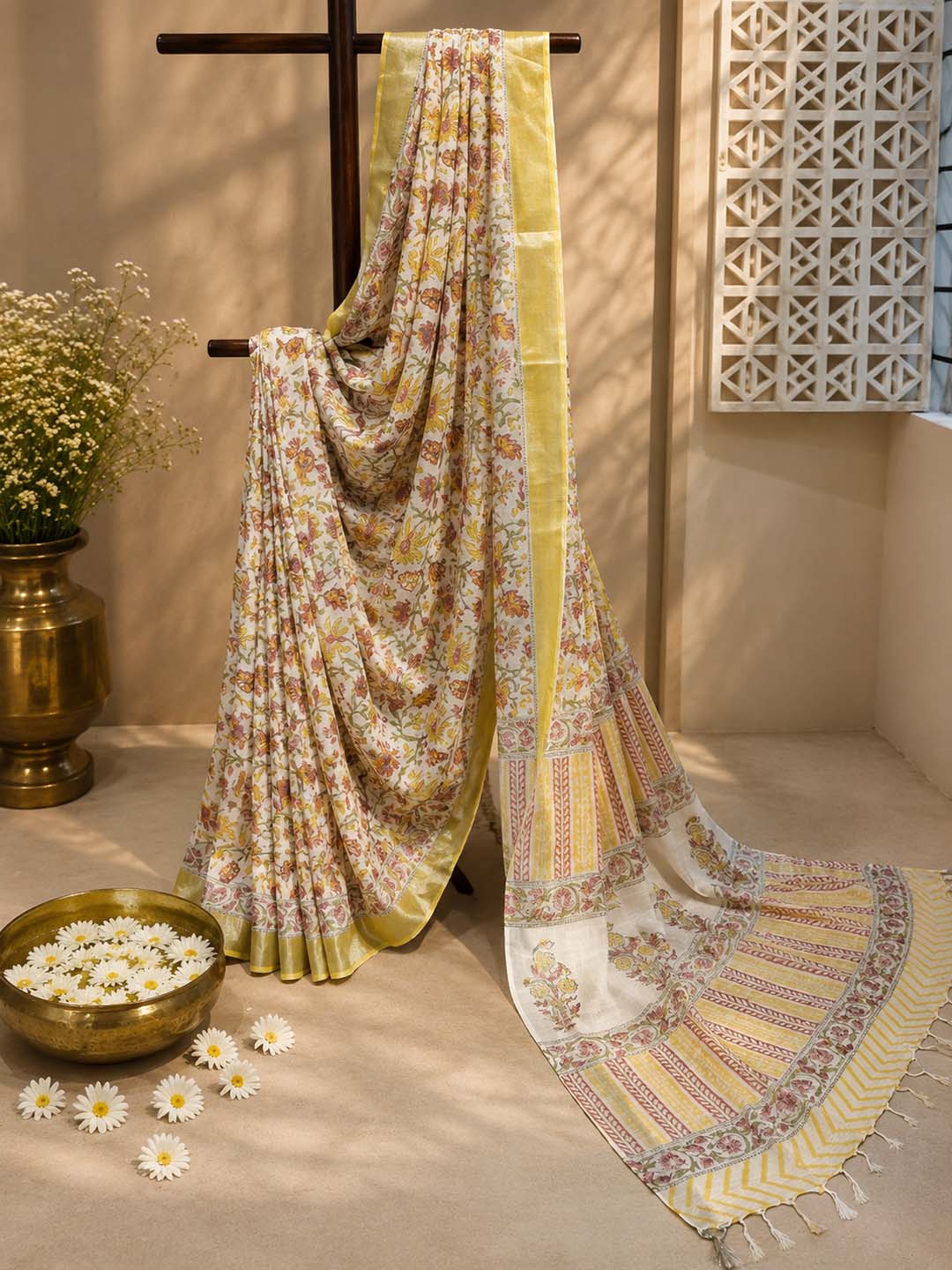 White And Multi colour Floral Block Print Linen Cotton Saree