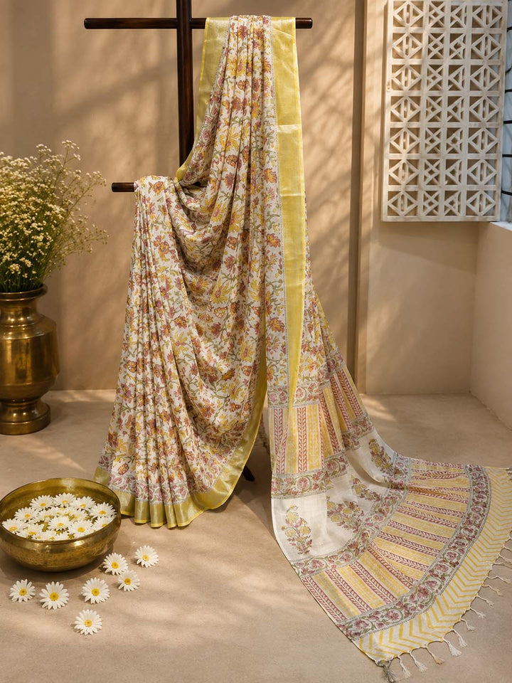 White And Multi colour Floral Block Print Linen Cotton Saree