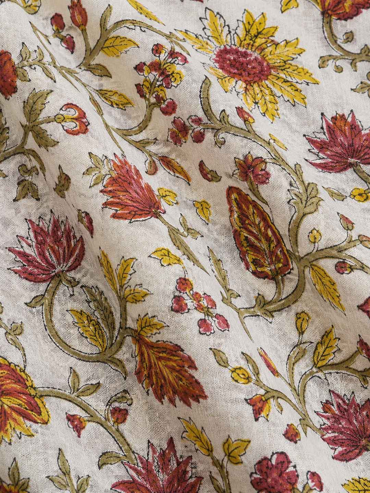 White And Multi colour Floral Block Print Linen Cotton Saree