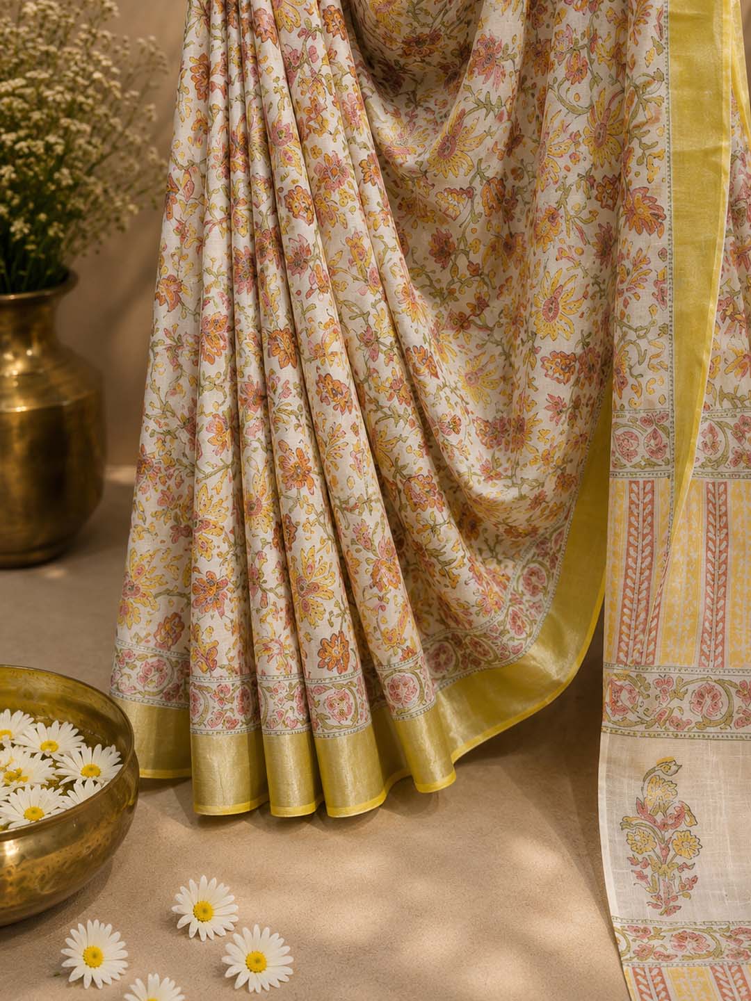 White And Multi colour Floral Block Print Linen Cotton Saree
