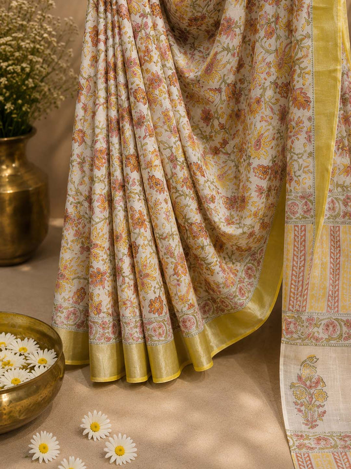 White And Multi colour Floral Block Print Linen Cotton Saree