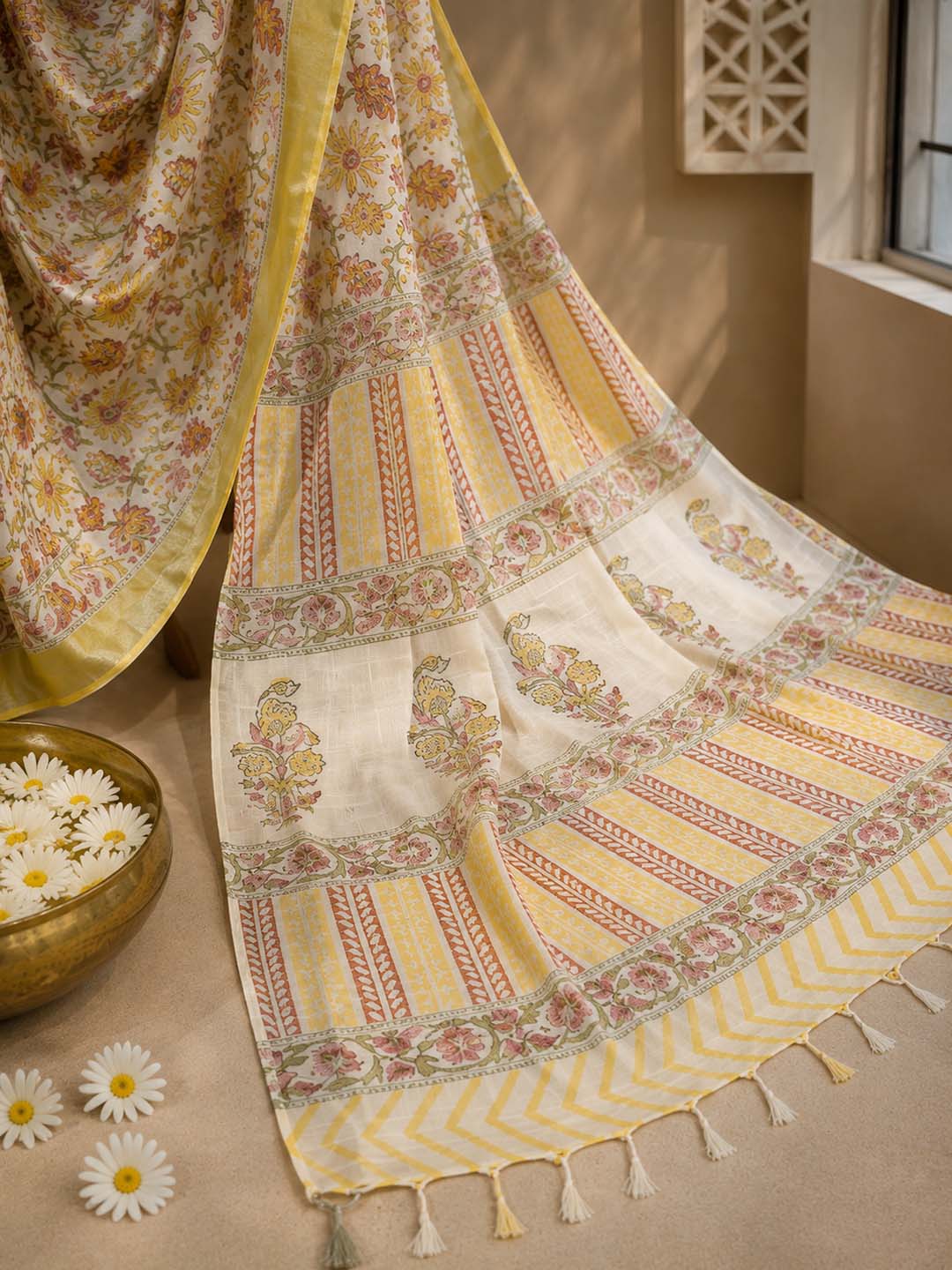 White And Multi colour Floral Block Print Linen Cotton Saree