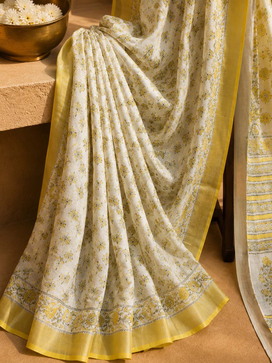 White And Yellow Floral Block Print Linen Cotton Saree